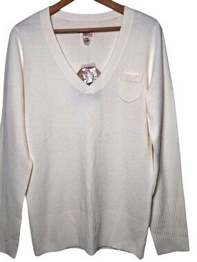 Route 66 Sweater Women M Cream V Neck Baby Pocket Wide Cuff NEW Y2K Retro